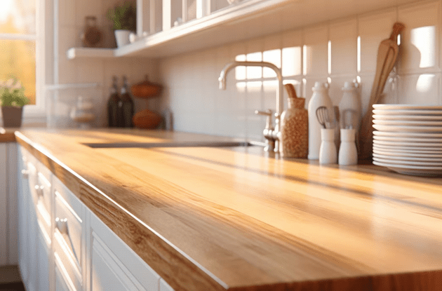 Empty wooden kitchen countertop offers a pristine stage for culinary creation bathed in natural light